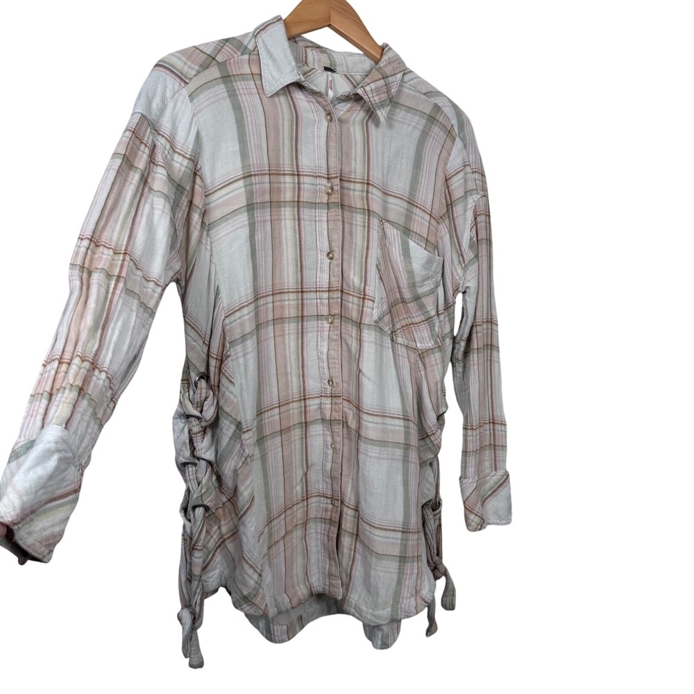 Free People Neutral Plaid Flannel Tunic Shirt Nordic Day S Oversize Granola Girl